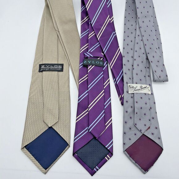 Zylos/ Lucien Piccard Silk Neckties Lot of 3 Striped Geometric Gold Grey Purple - Picture 2 of 16